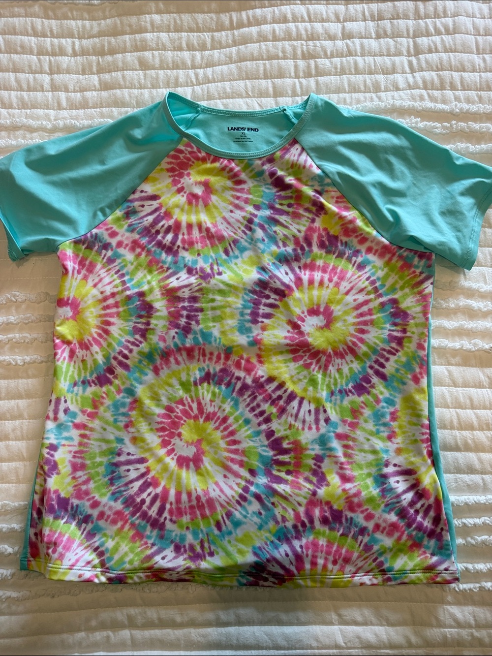 Lands' End Girls' Aqua & Tie-Dye Short Sleeve Rashguard girls XL NWOT